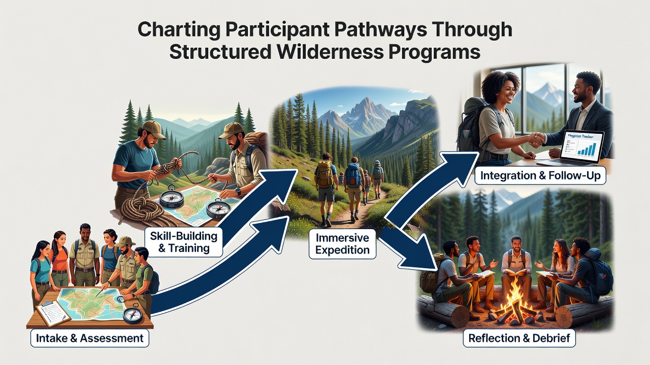 Participants reviewing maps and discussing route options around a campsite table in a wilderness setting